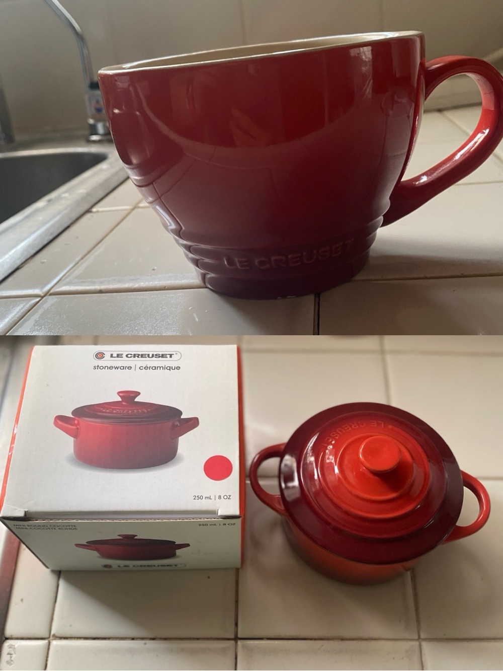 Le Creuset Red Stoneware Mini Cocotte with Lid and Red Cappuccino Cup